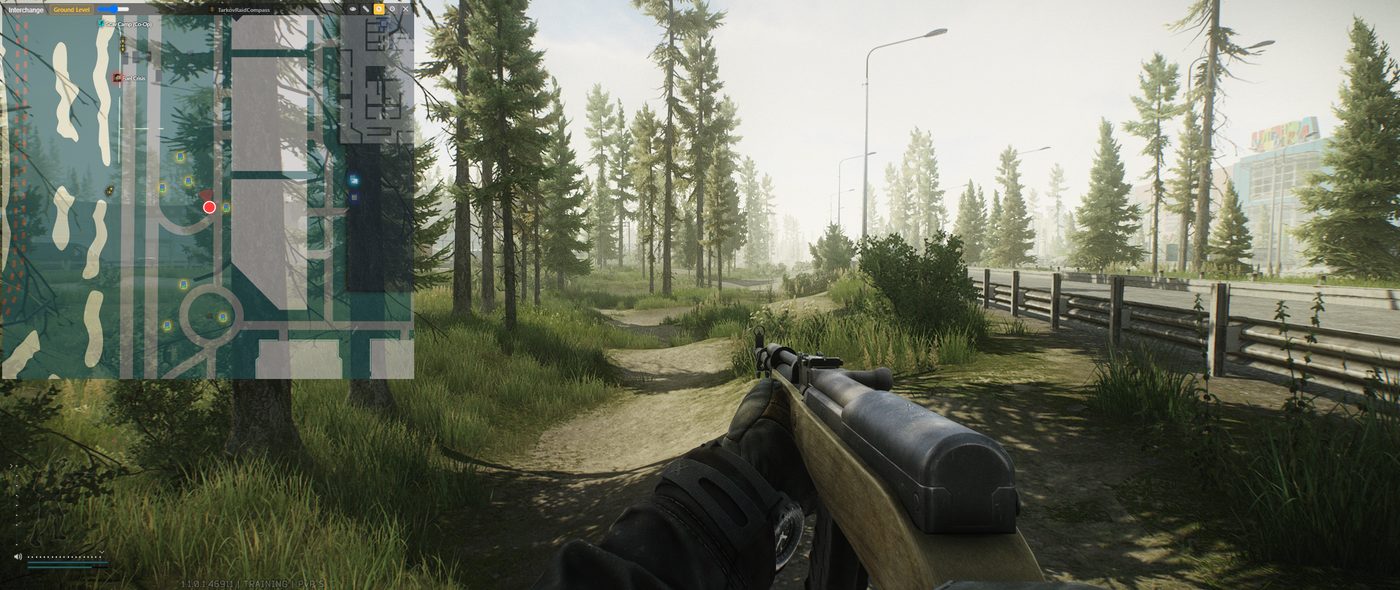 TarkovRaidCompass overlay in Compass mode, cropped and zoomed in on the player's live position on Interchange