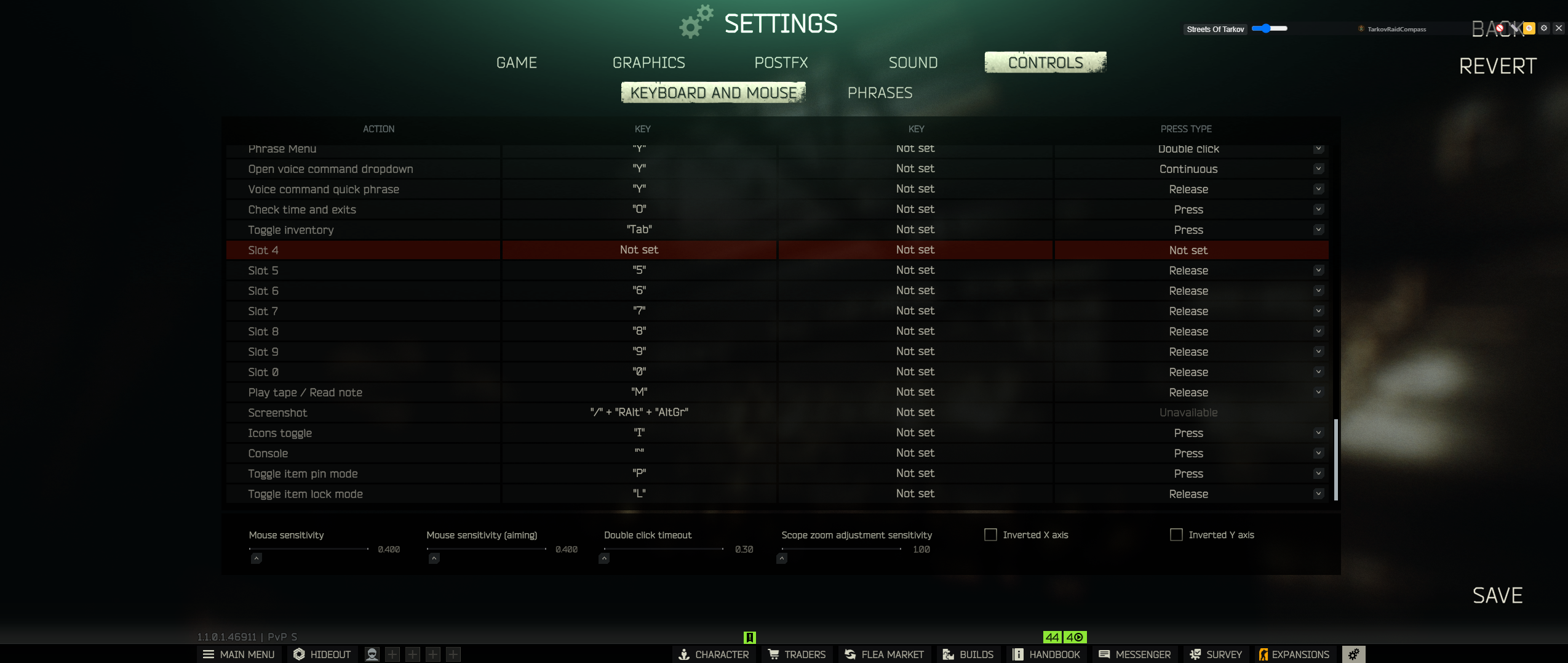 Escape from Tarkov's own Settings > Controls > Keyboard and Mouse screen, with the Screenshot action's bound key visible in the list