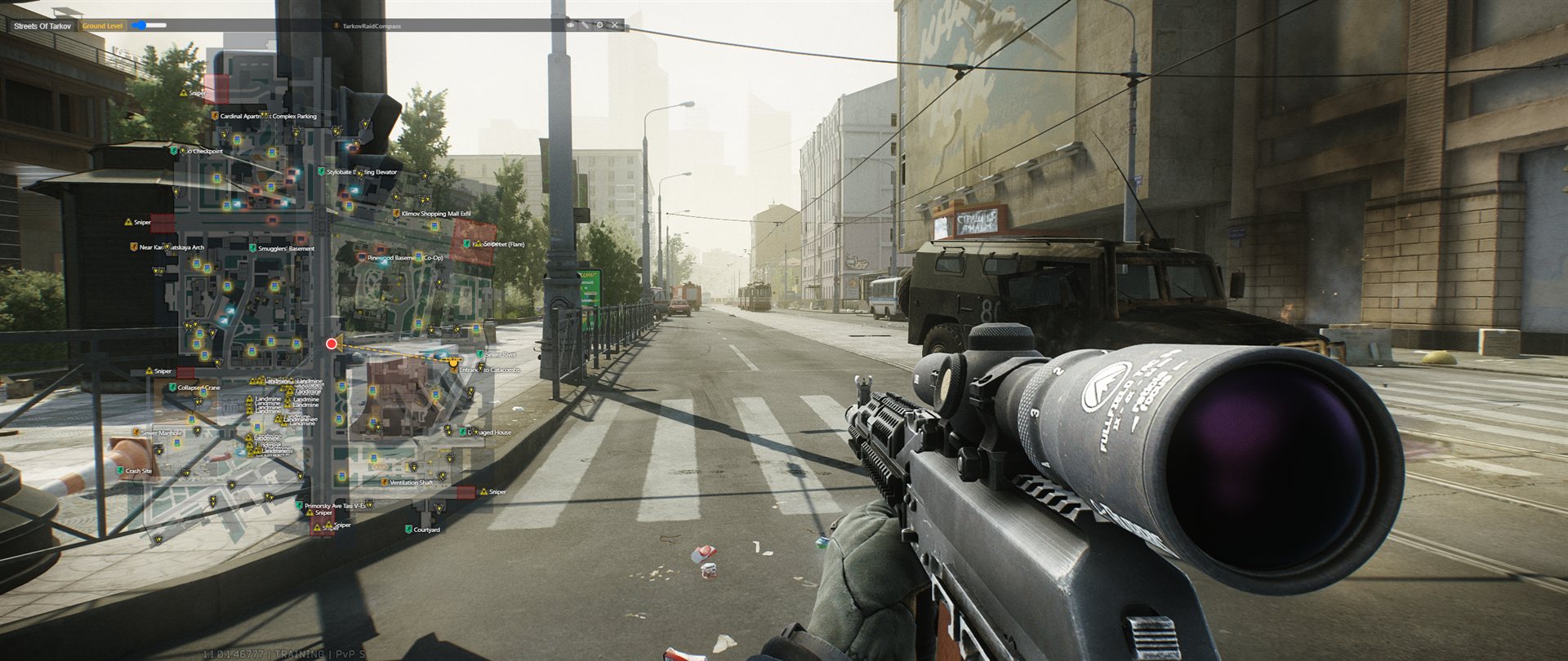 The TarkovRaidCompass mini-map overlay showing live position and extract markers over real Streets of Tarkov gameplay