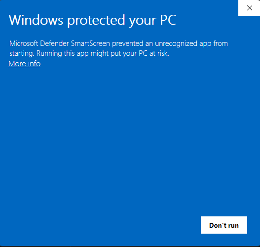 Windows SmartScreen warning showing 'More info' link