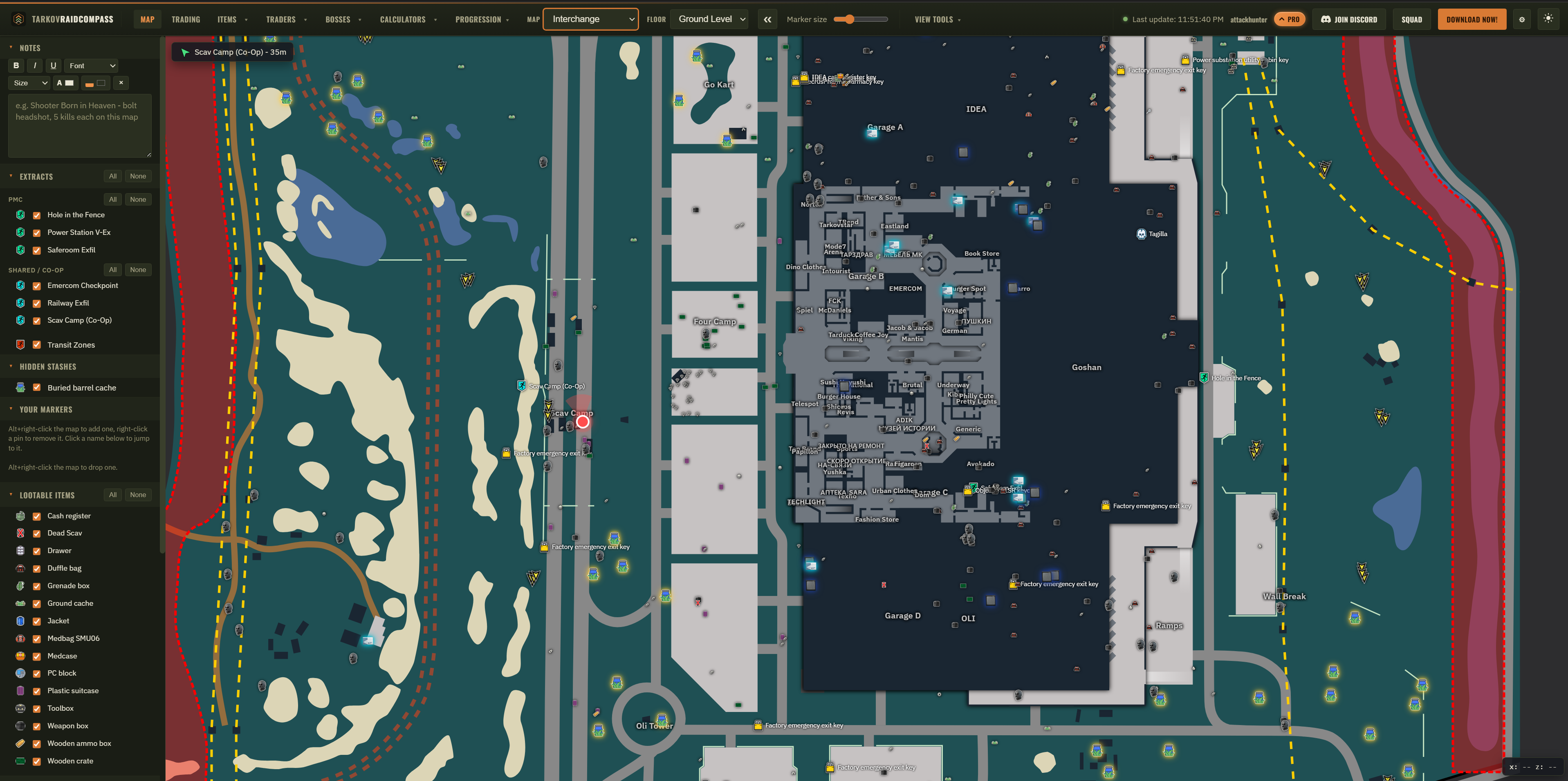 TarkovRaidCompass web map showing live position, extract markers, and hidden stash locations on Interchange